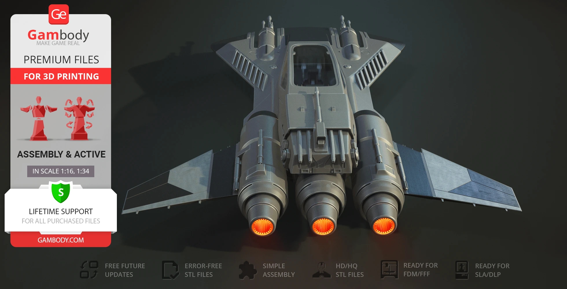 A gray Star Wars fighter spaceship model with twin engines and detailed wing design, ready for 3D printing.