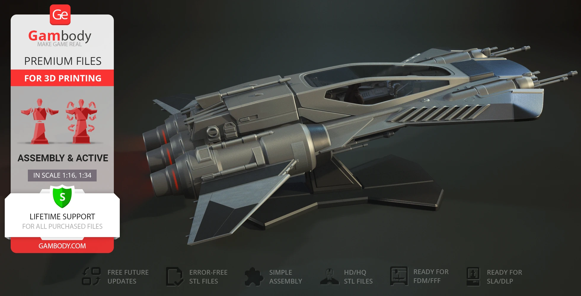 Sleek, futuristic spaceship model with twin engines and cannons, designed for 3D printing.