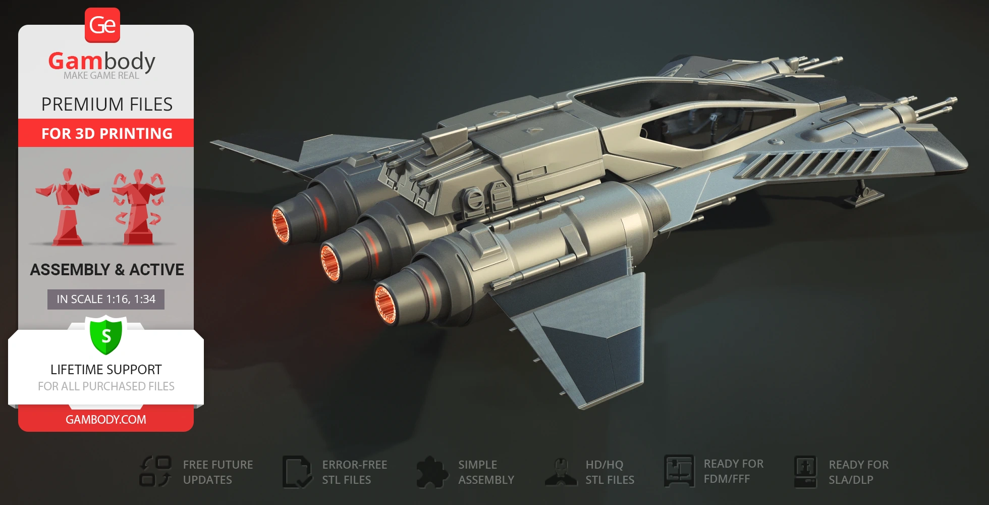 A sleek, futuristic starfighter with twin engines and angular wings, designed for 3D printing.