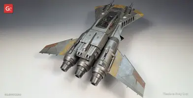 Detailed 3D model of a futuristic starfighter with triangular wings and powerful rear engines.