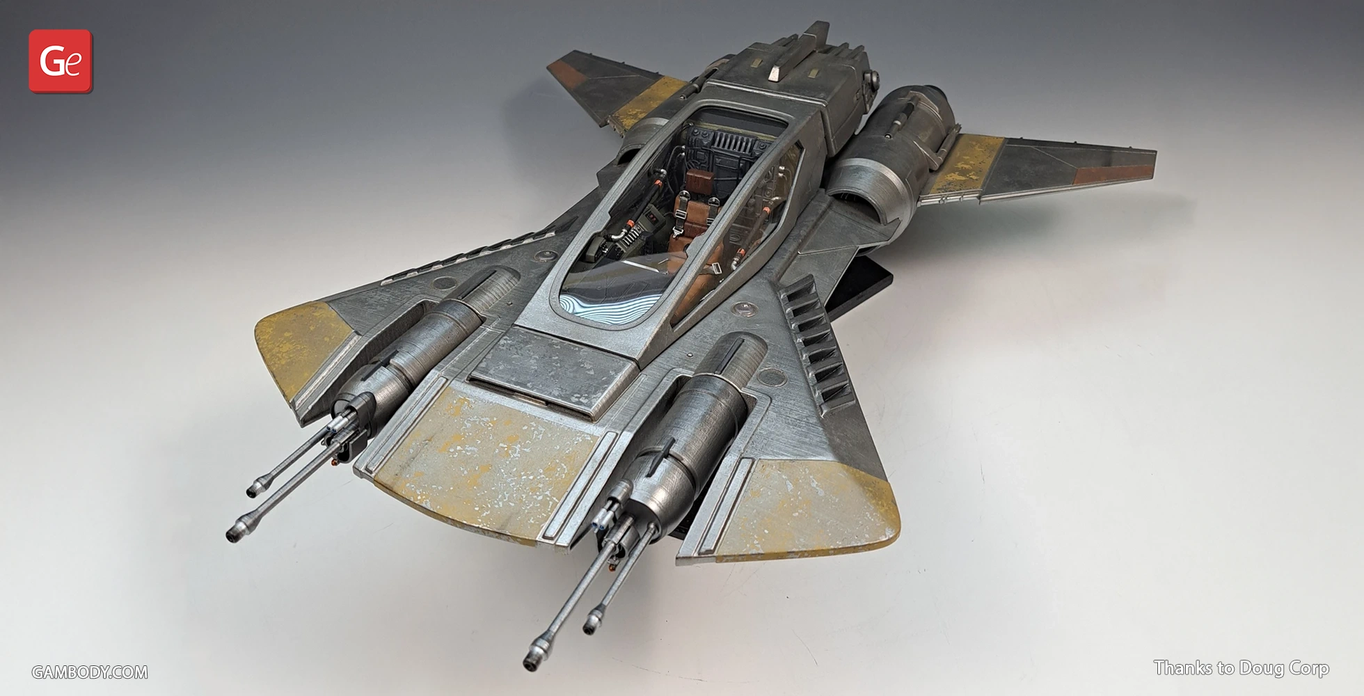 A detailed 3D model of a Star Wars-inspired pirate snub fighter with dual cannons and worn metallic finish.