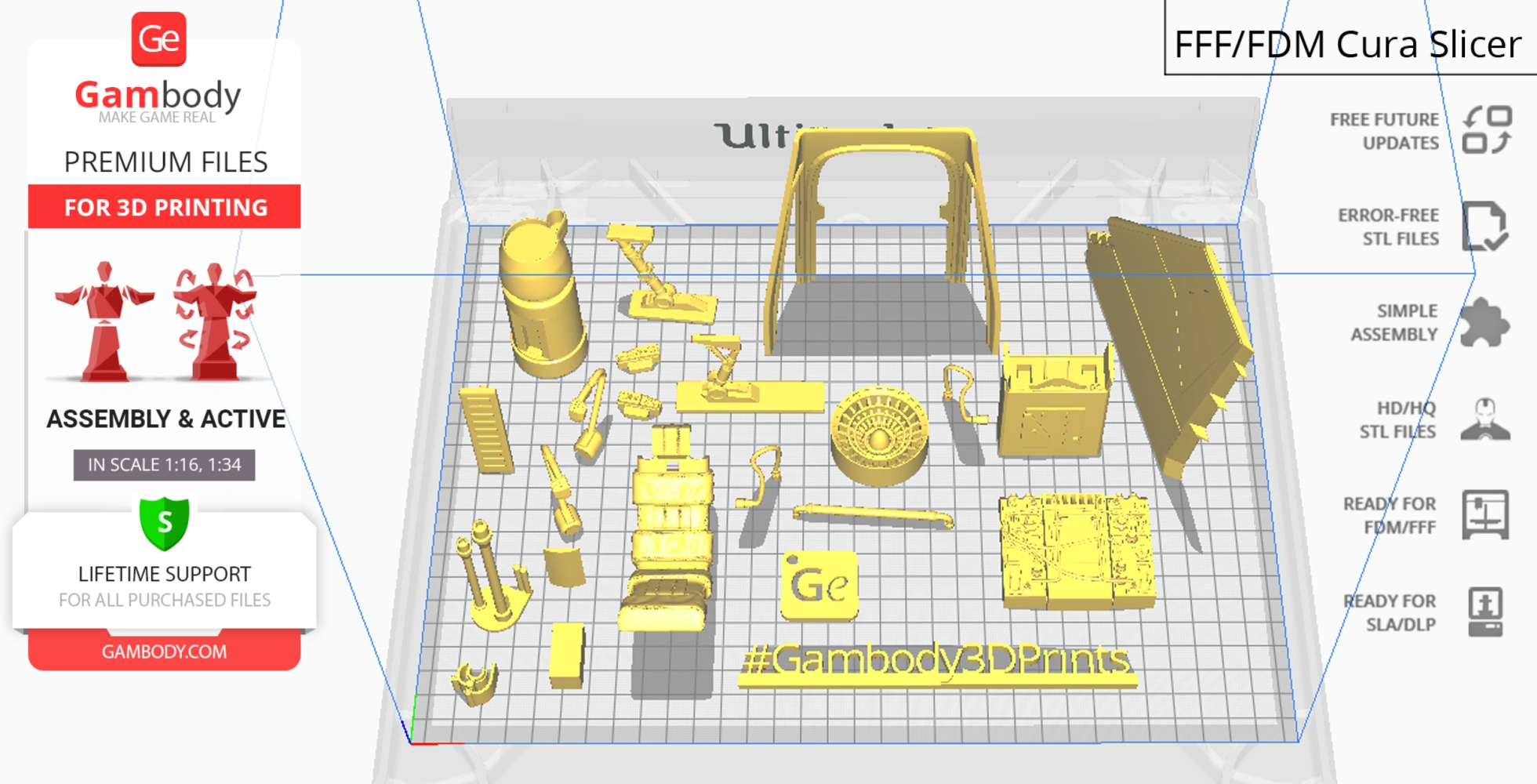 3D printable parts layout of the Pirate Snub Fighter from Star Wars, displayed in a slicing software.