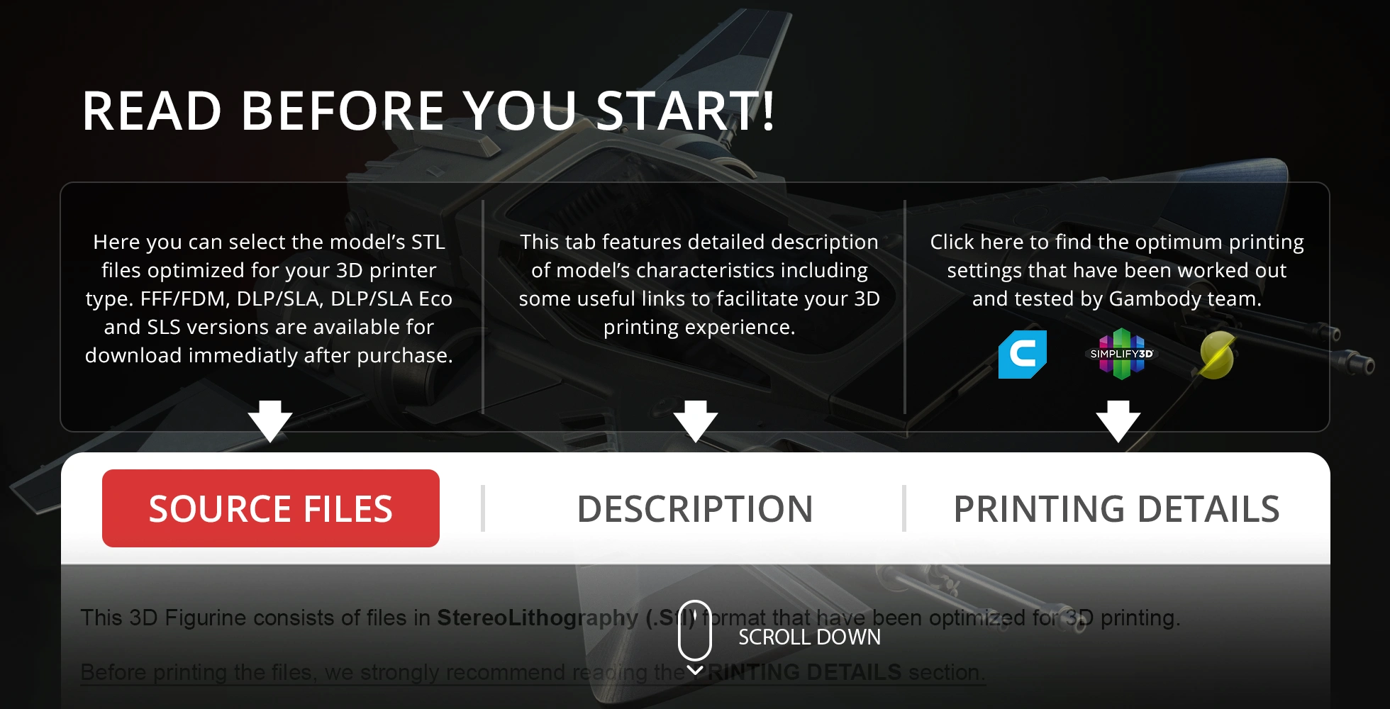 Interface for 3D printing a 'Pirate Snub Fighter' model with tabs for files, description, and details.