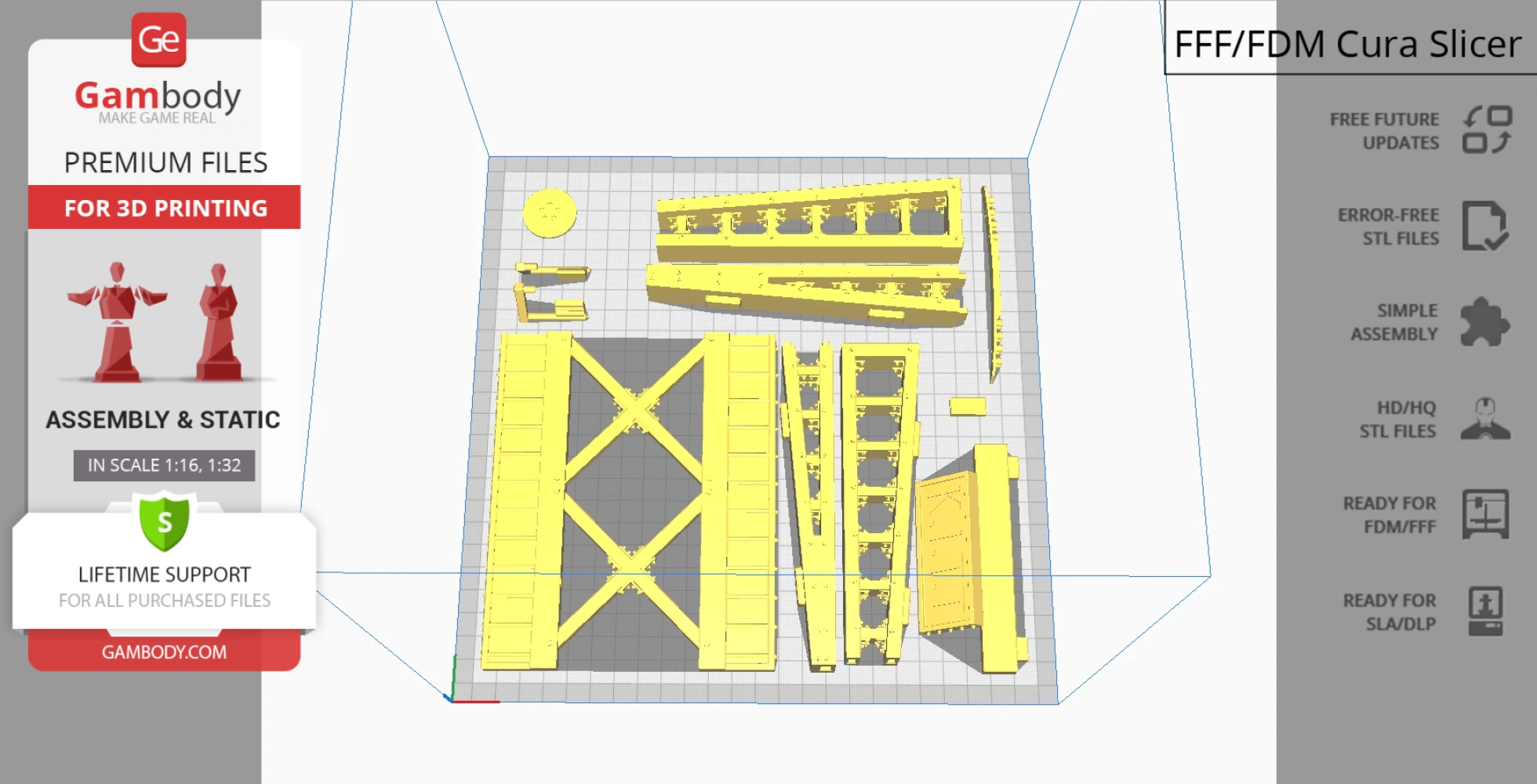 3D printing layout of KITT Super Pursuit Mode parts, displayed on Cura slicer software.