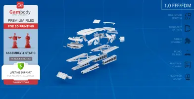 Exploded view of KITT Super Pursuit Mode 3D model parts for assembly, shown on a blue grid background.