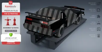 3D model of a black car in Super Pursuit Mode on a display platform, ready for 3D printing.
