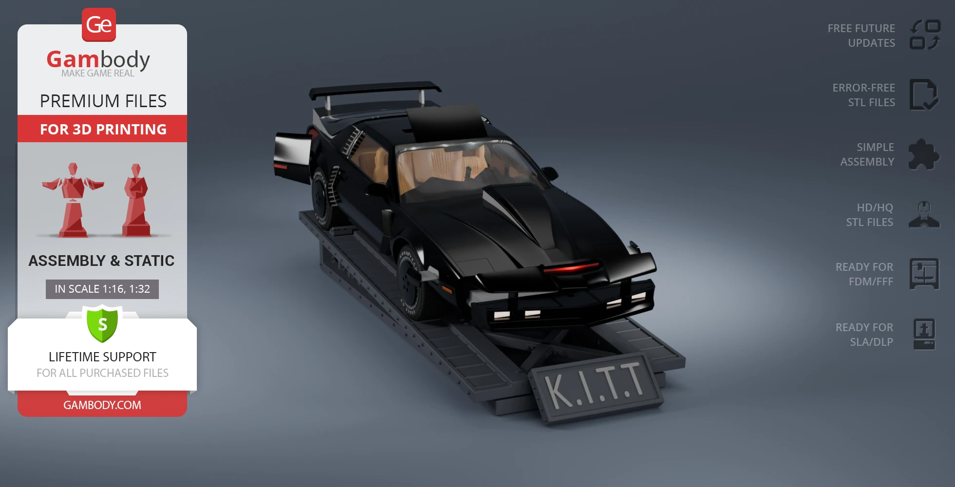 Black futuristic car model with aerodynamic features on a display platform, labeled 'K.I.T.T.'