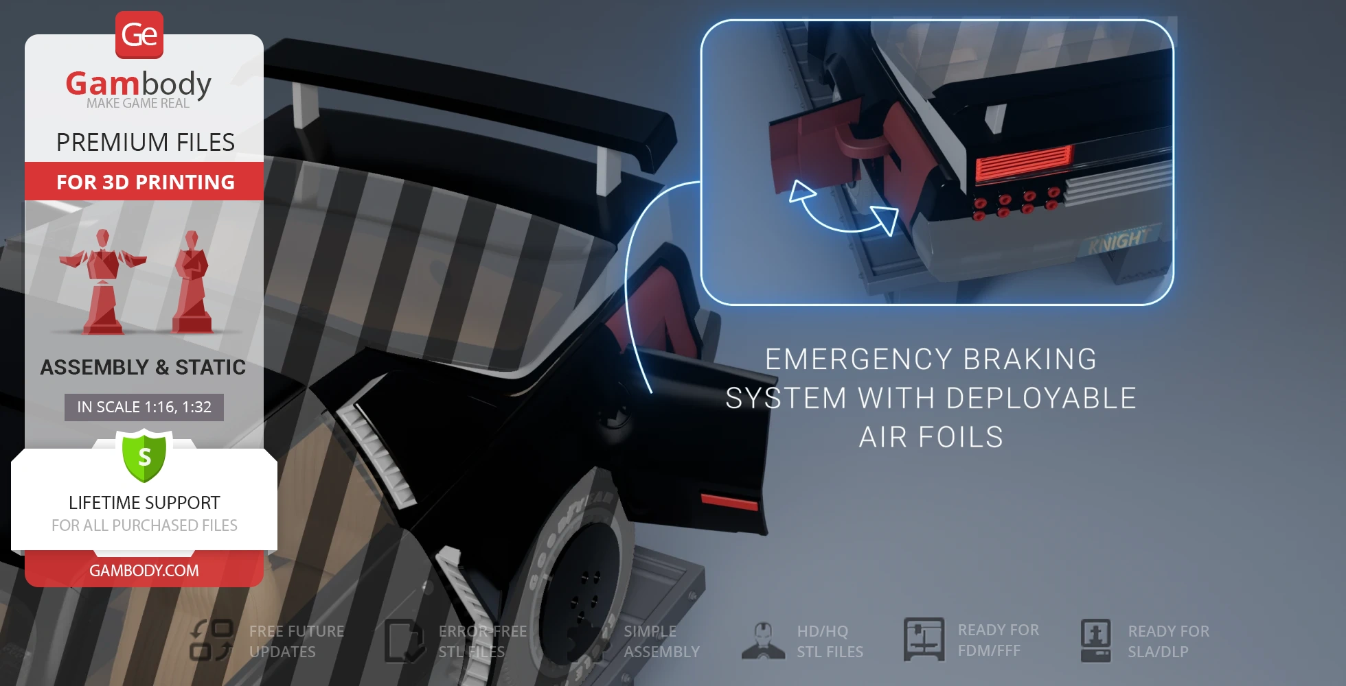 3D model showing KITT in Super Pursuit Mode with emergency braking and deployable air foils.