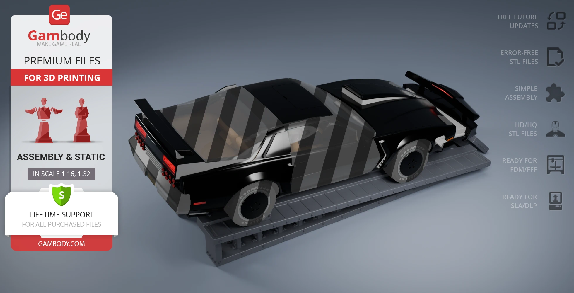 A black futuristic car model on a platform, suitable for 3D printing in scales 1:16 and 1:32.