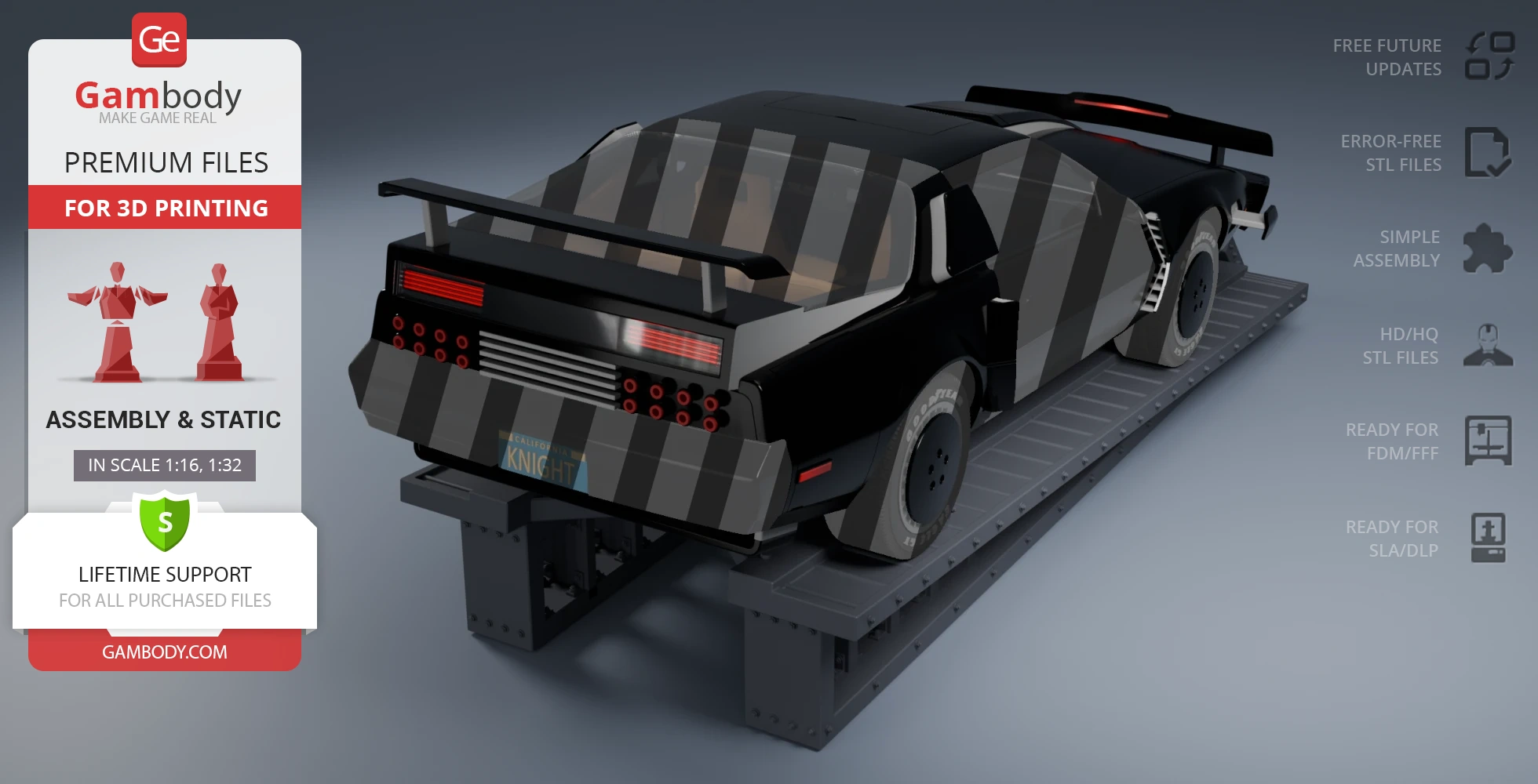 3D model of a black car in Super Pursuit Mode on a display platform, ready for 3D printing.