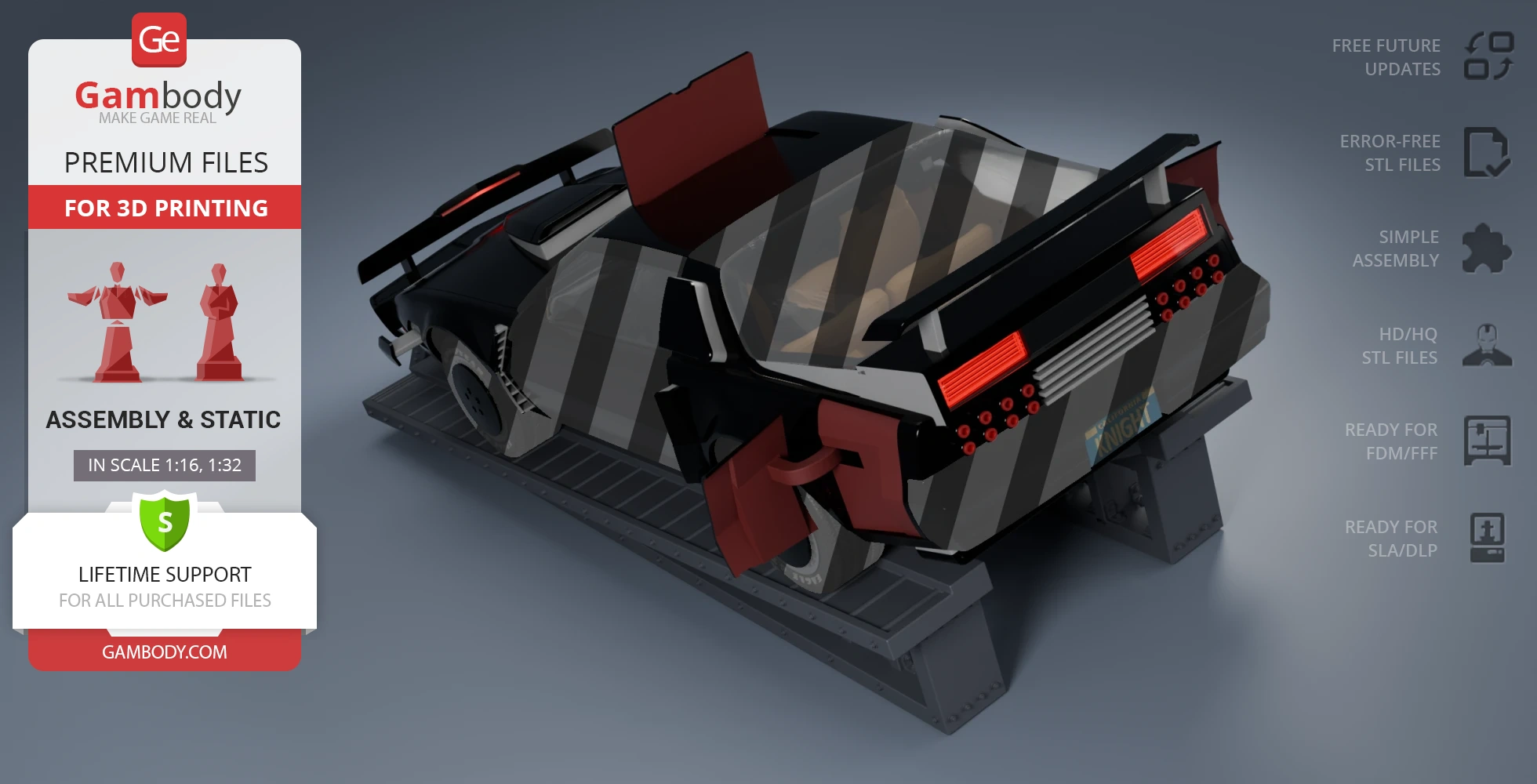 Futuristic black car in pursuit mode on a platform, with red accents and aerodynamic design for 3D printing.