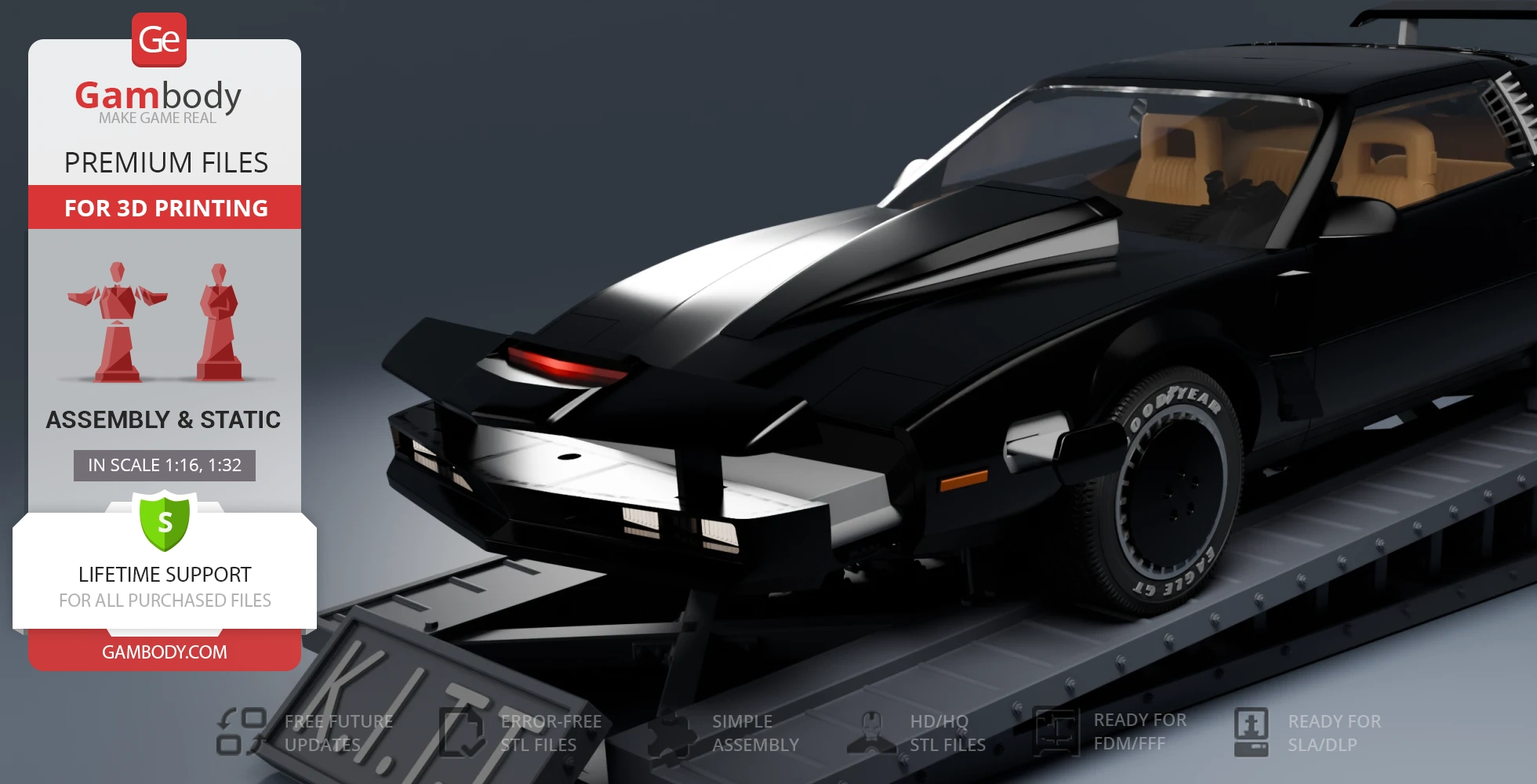 Black futuristic car in super pursuit mode on a display platform, ready for 3D printing.