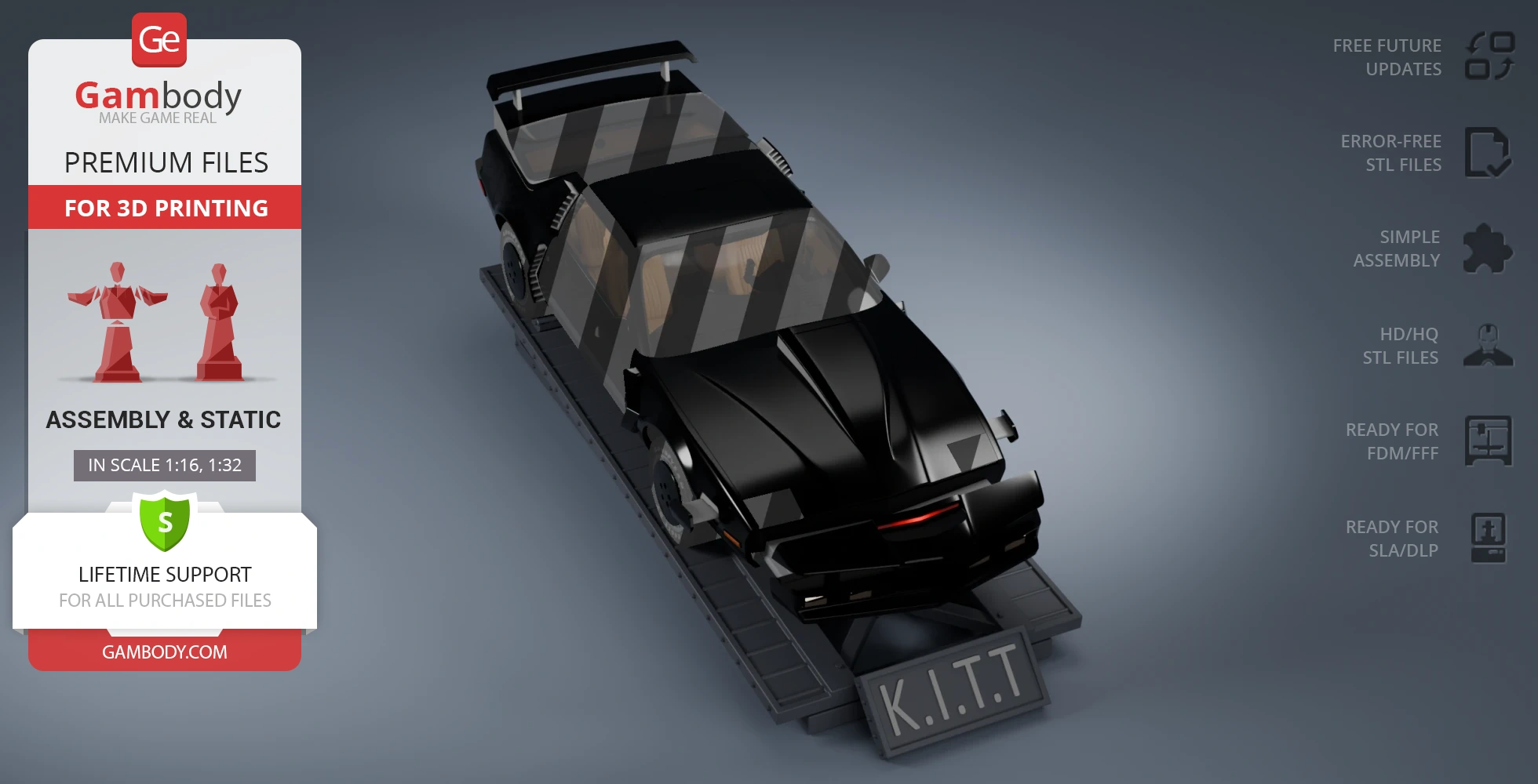 A sleek black car model, KITT, in Super Pursuit Mode, on a display platform for 3D printing.