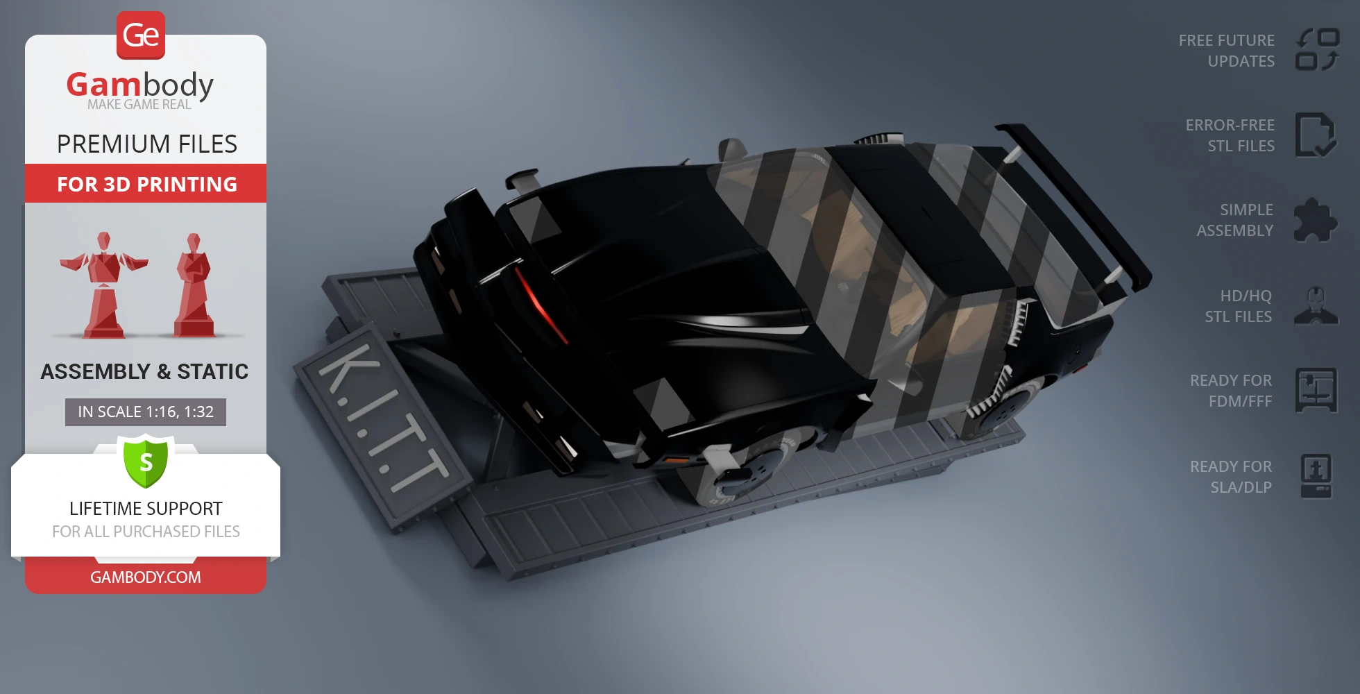 Black futuristic car model, elevated for display, with 'K.I.T.T' nameplate and 3D printing features noted.