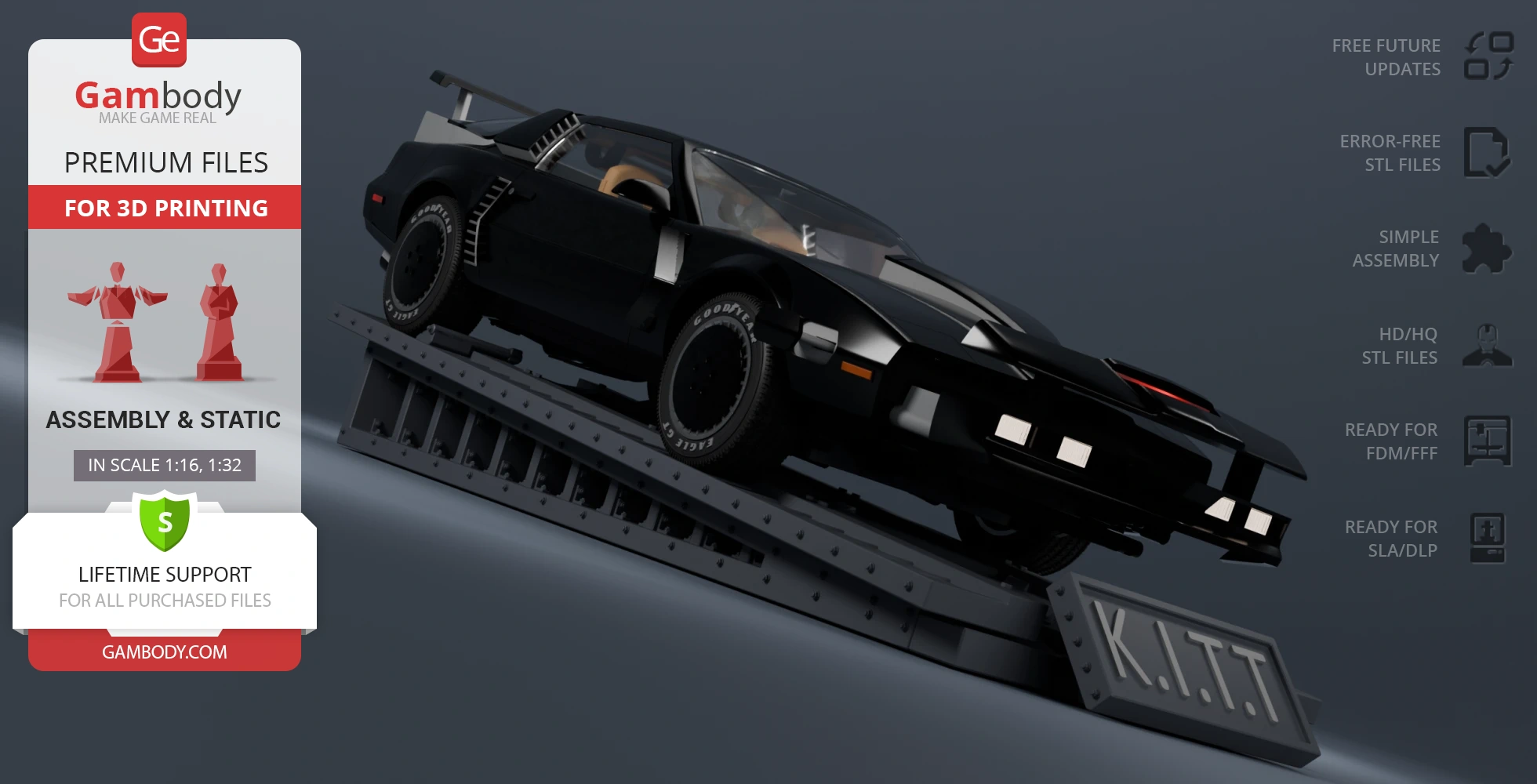 A black futuristic car on a tilted display platform marked 'K.I.T.T.', for 3D printing by Gambody.