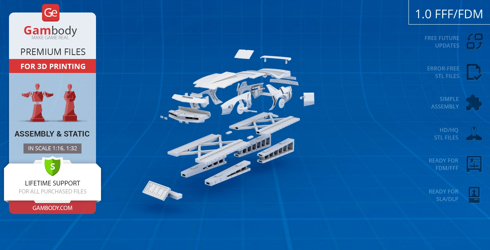 Exploded view of KITT Super Pursuit Mode 3D model parts for assembly, shown on a blue grid background.
