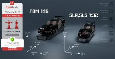 3D models of KITT in Super Pursuit Mode, scaled 1:16 and 1:32, for detailed 3D printing.