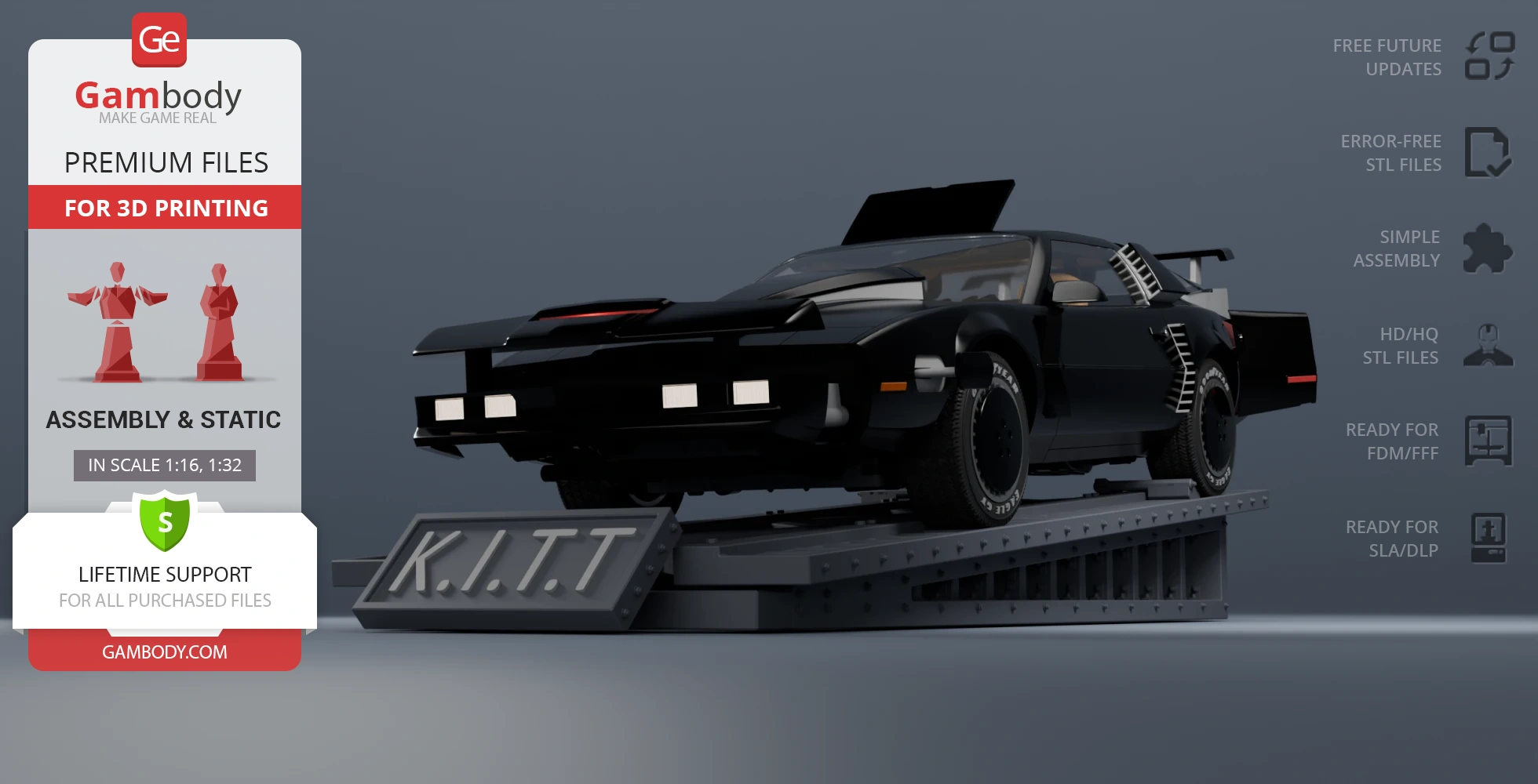 Black futuristic car model on a display platform labeled 'K.I.T.T.' for 3D printing.
