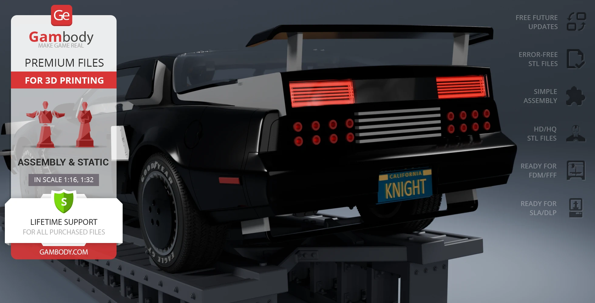 Black car model with spoiler and red taillights, labeled 'KNIGHT,' displayed on a platform.