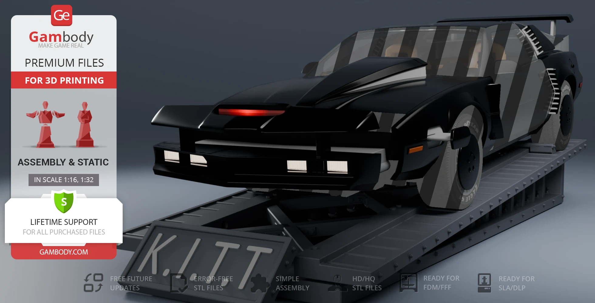 Black futuristic car model on a display platform with a 'KITT' license plate, ready for 3D printing.