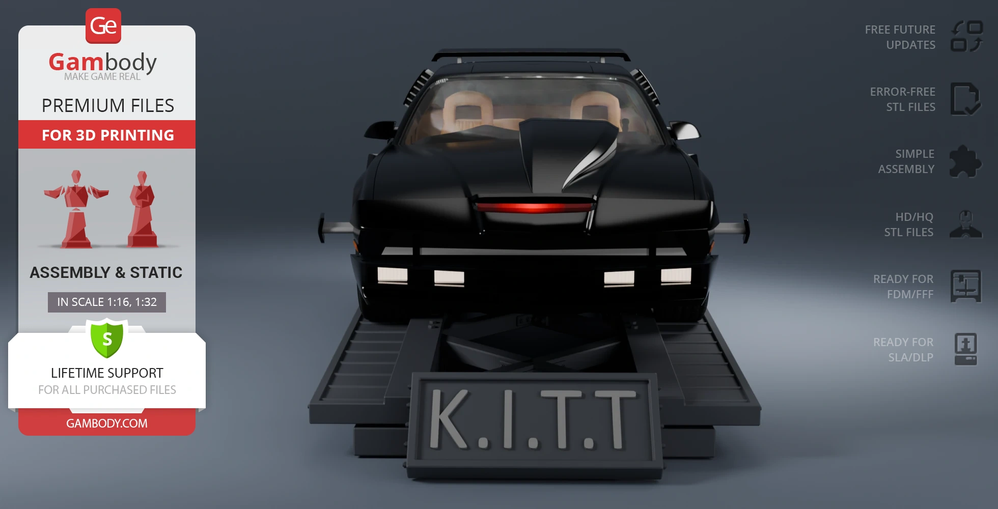 Front view of a sleek black KITT car model for 3D printing, displayed on a platform with Gambody branding.