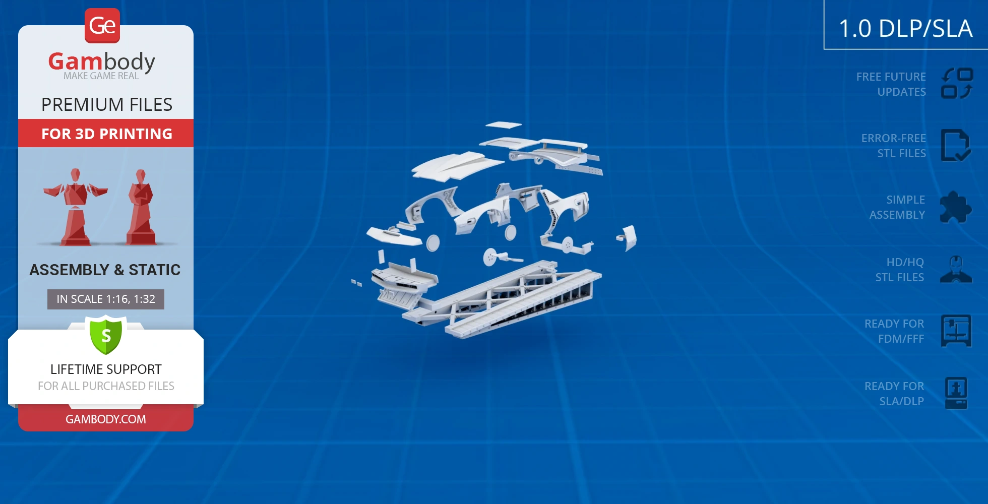 Exploded view of KITT car model parts for 3D printing, showcased on a blue grid background.