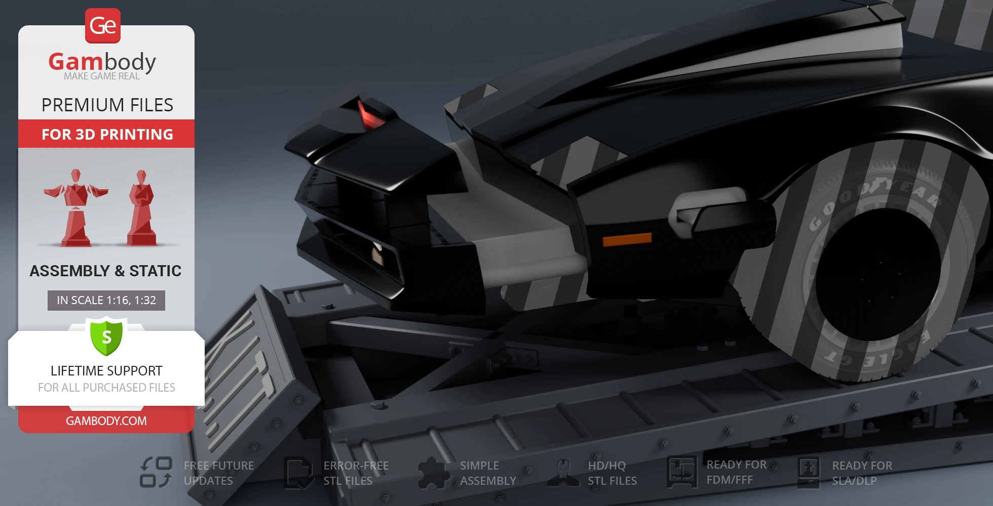A detailed 3D model of a futuristic black car in Super Pursuit Mode, designed for 3D printing.