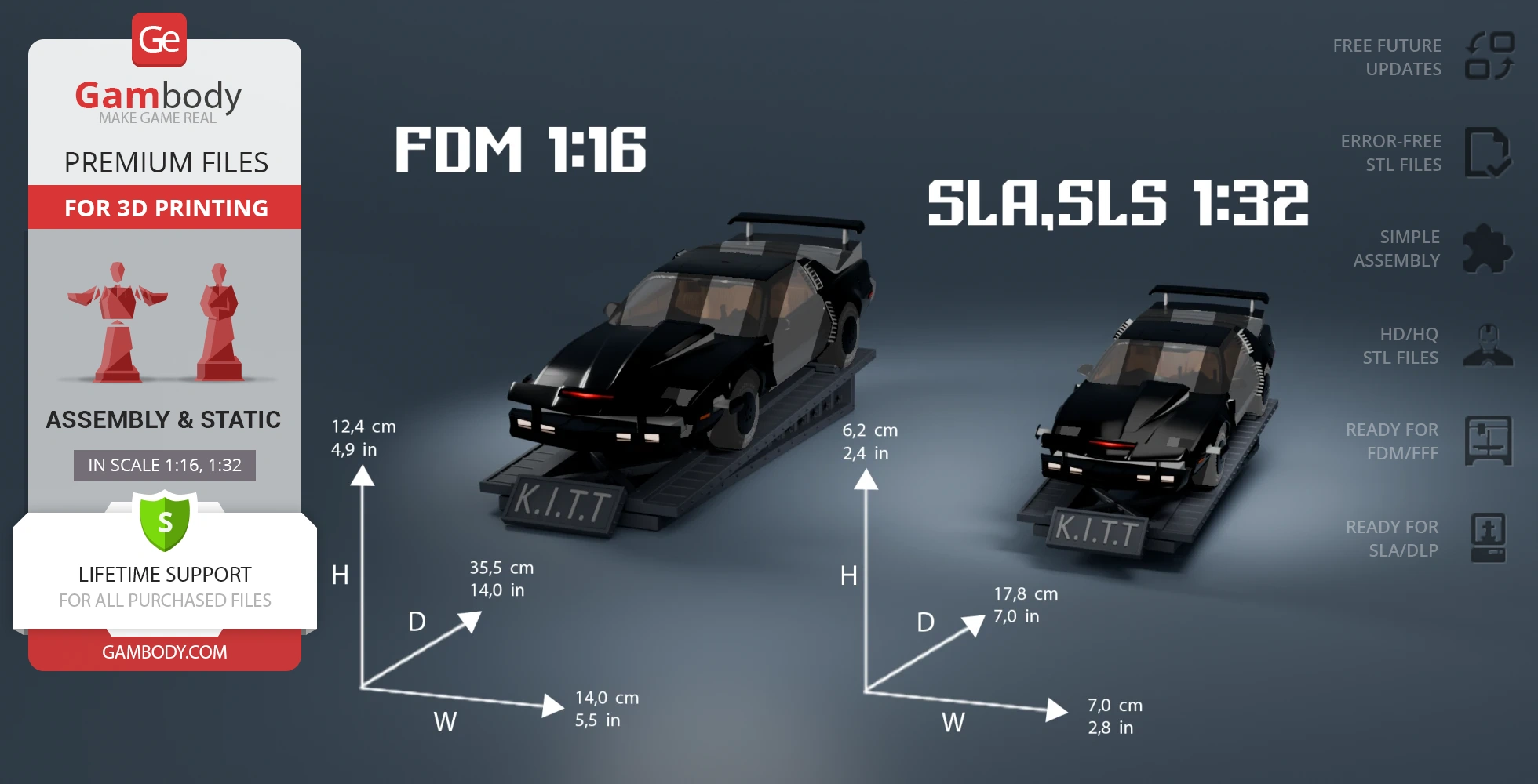 3D models of KITT in Super Pursuit Mode, scaled 1:16 and 1:32, for detailed 3D printing.