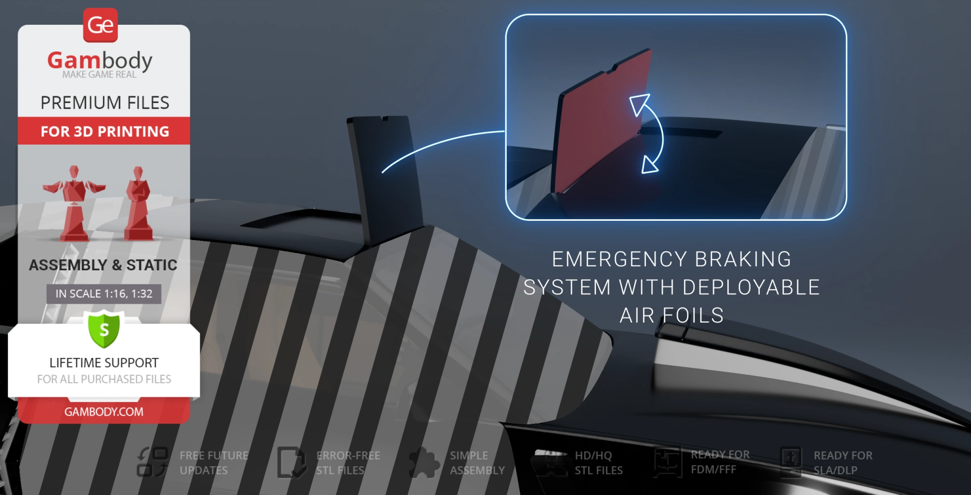 3D model description of KITT's emergency braking system with deployable air foils for printing.