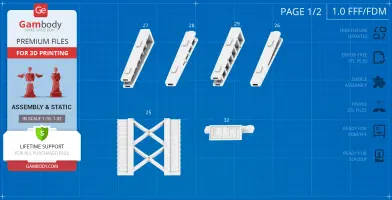 3D printable parts for KITT Super Pursuit Mode, shown in a blueprint-style layout.
