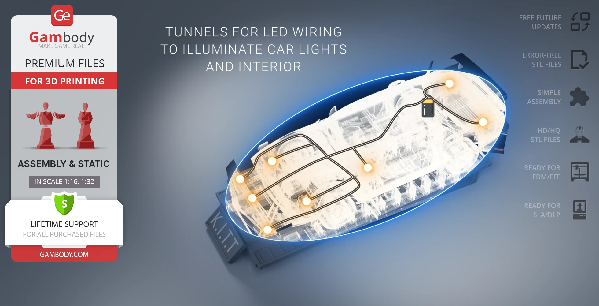 3D model of KITT in Super Pursuit Mode, with LED wiring tunnels highlighted for lighting.