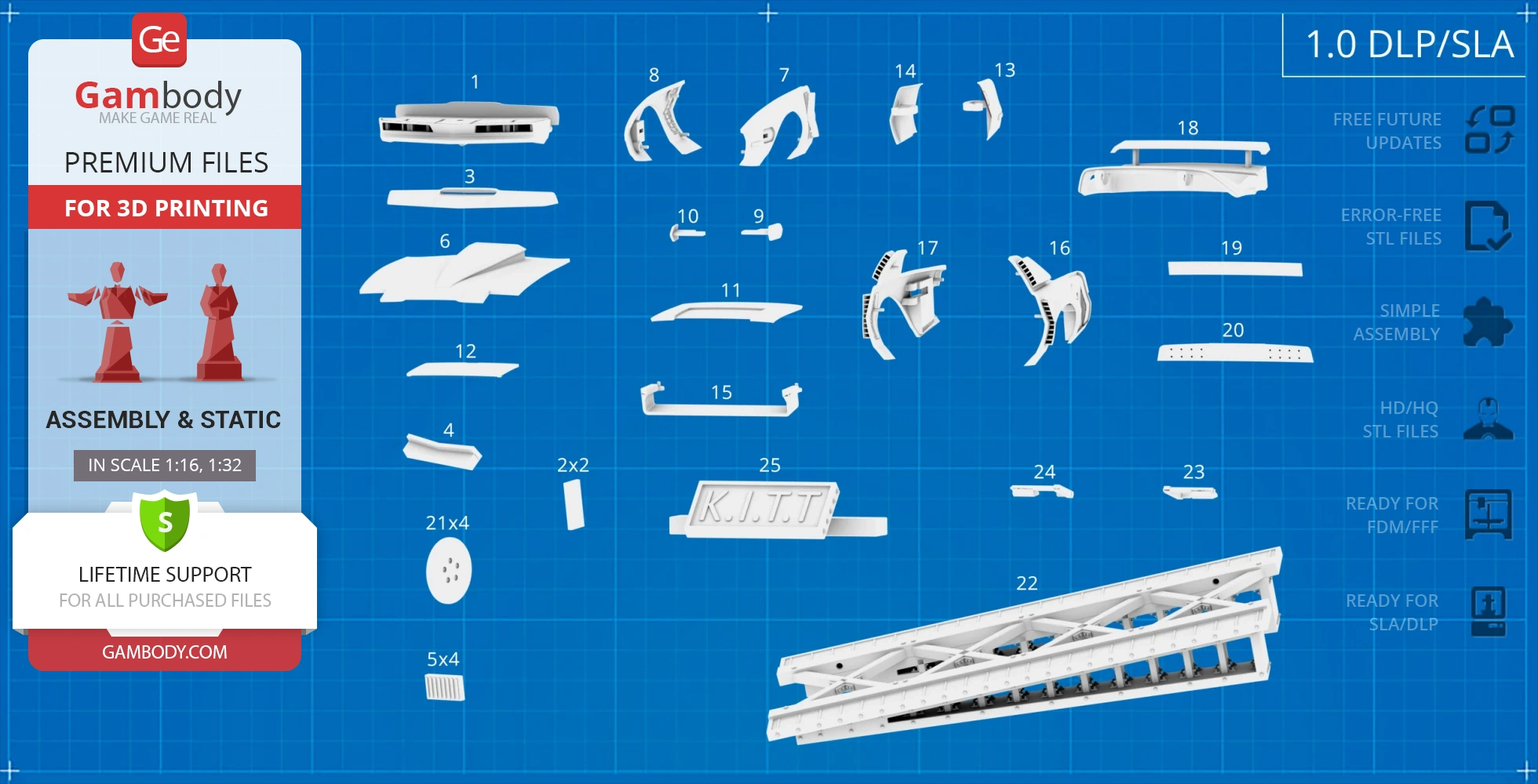 3D printing layout for KITT Super Pursuit Mode model, featuring numbered parts and labels for assembly.