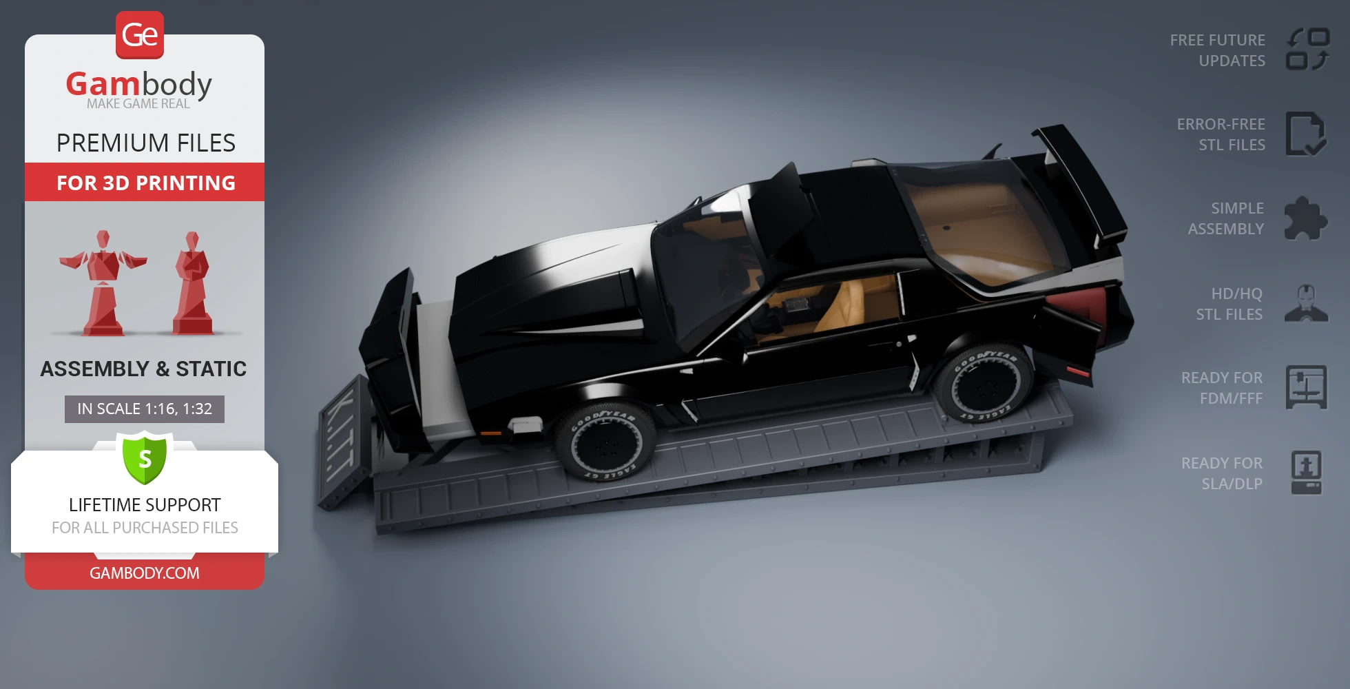 3D model of a black sports car on a platform, designed for 3D printing.