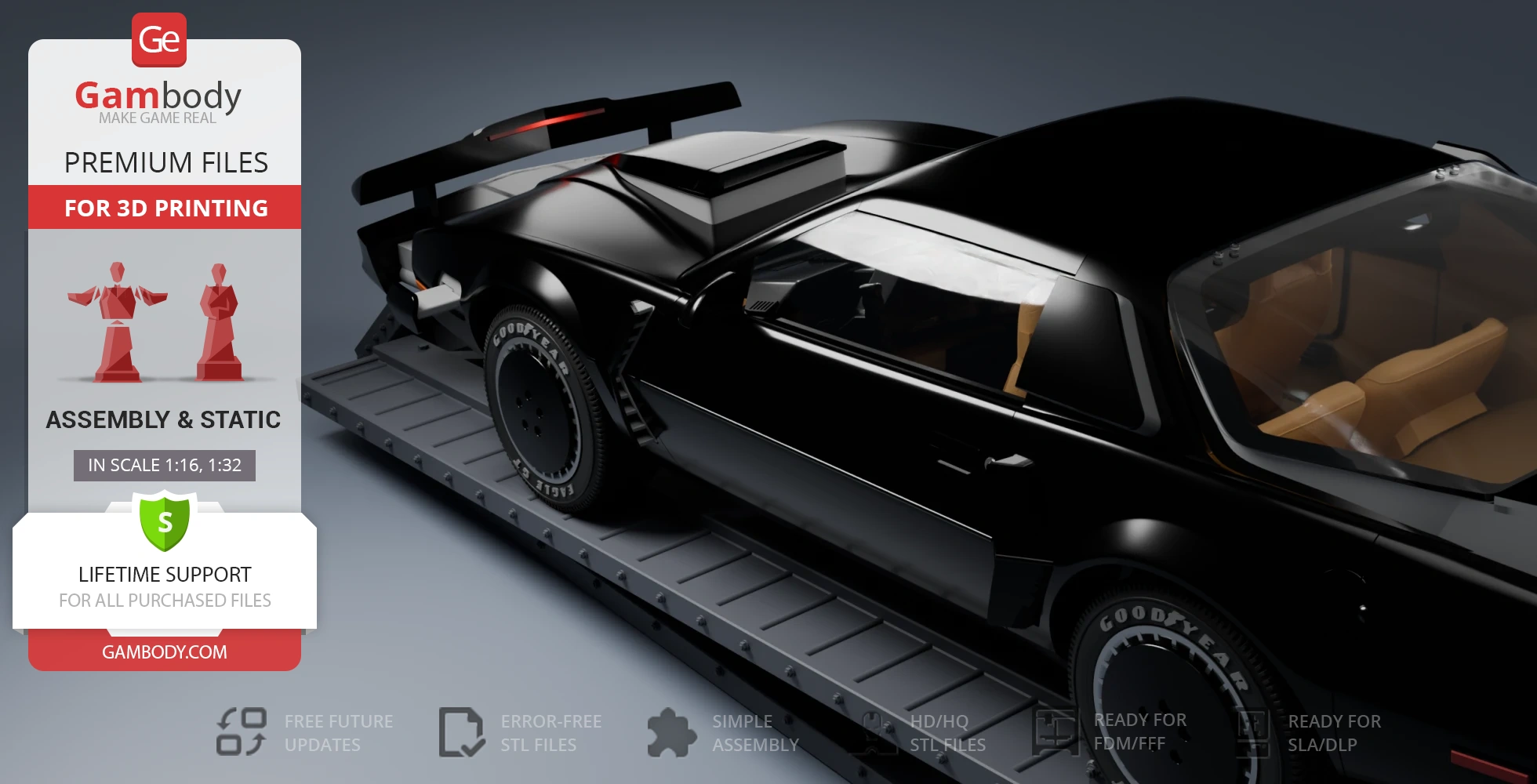 3D model of a sleek black car in Super Pursuit Mode, designed for 3D printing by Gambody.