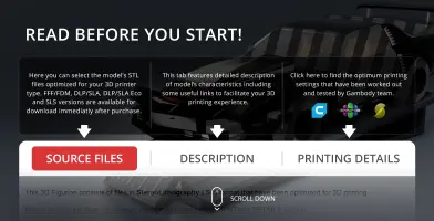 Image of a website section offering 3D printing files and settings for KITT model with various tabs.