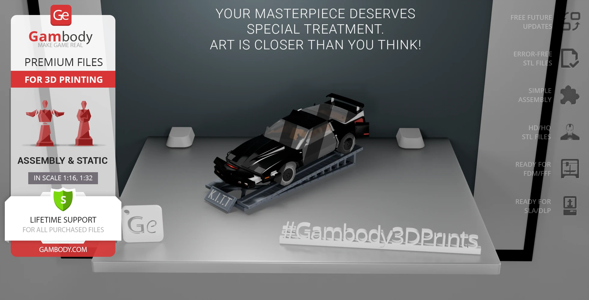 3D model of KITT in Super Pursuit Mode displayed on a platform, ready for 3D printing from Gambody.