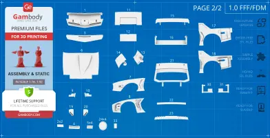 Blueprint layout of 3D-printable parts for KITT in Super Pursuit Mode from Gambody.