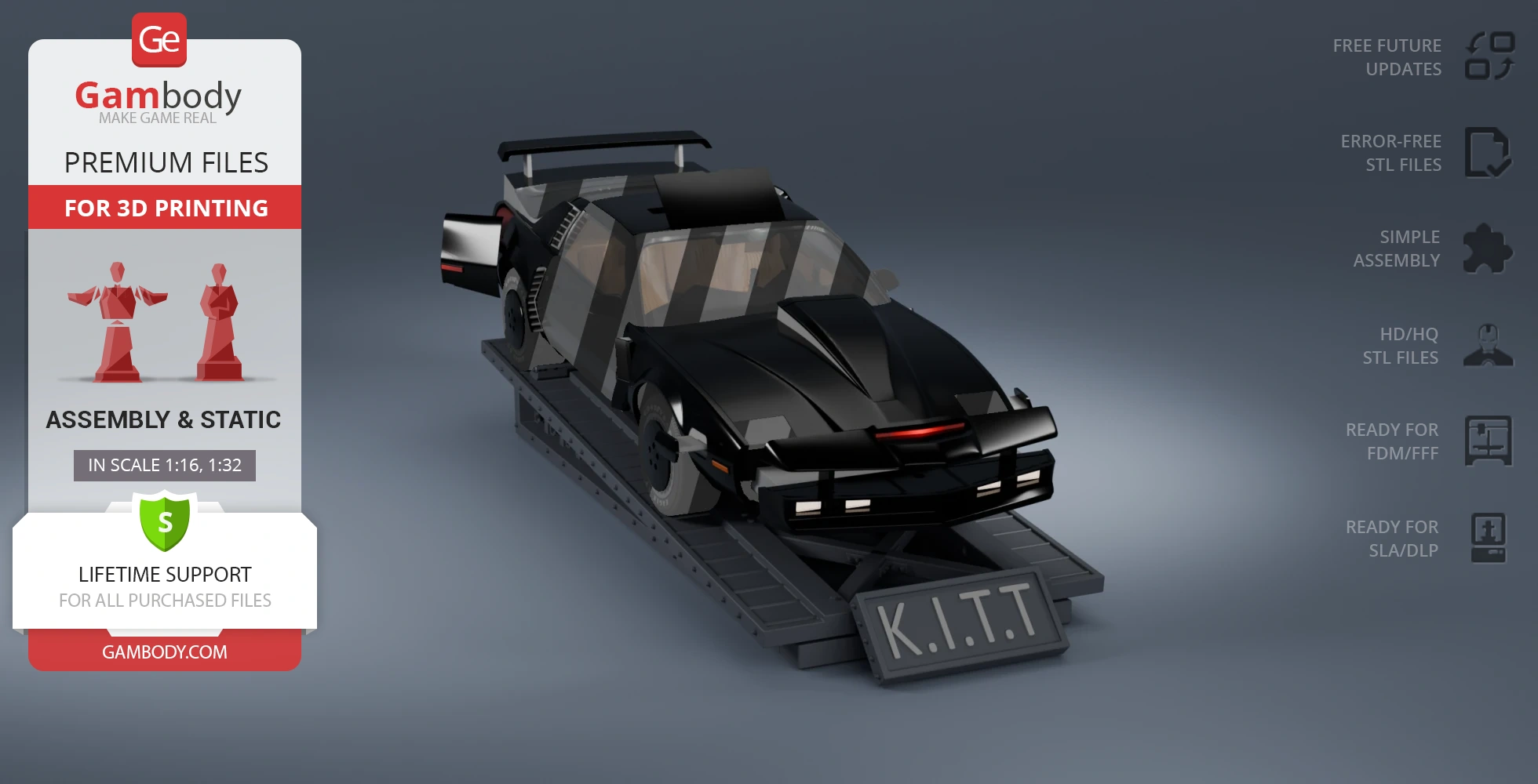 3D model of a futuristic black car with red accents, labeled 'K.I.T.T.,' designed for 3D printing.