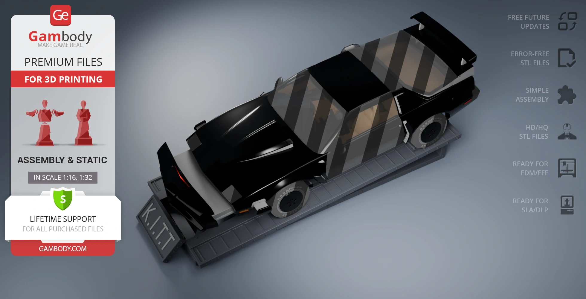 3D model of a sleek black car in Super Pursuit Mode, ready for 3D printing at Gambody.