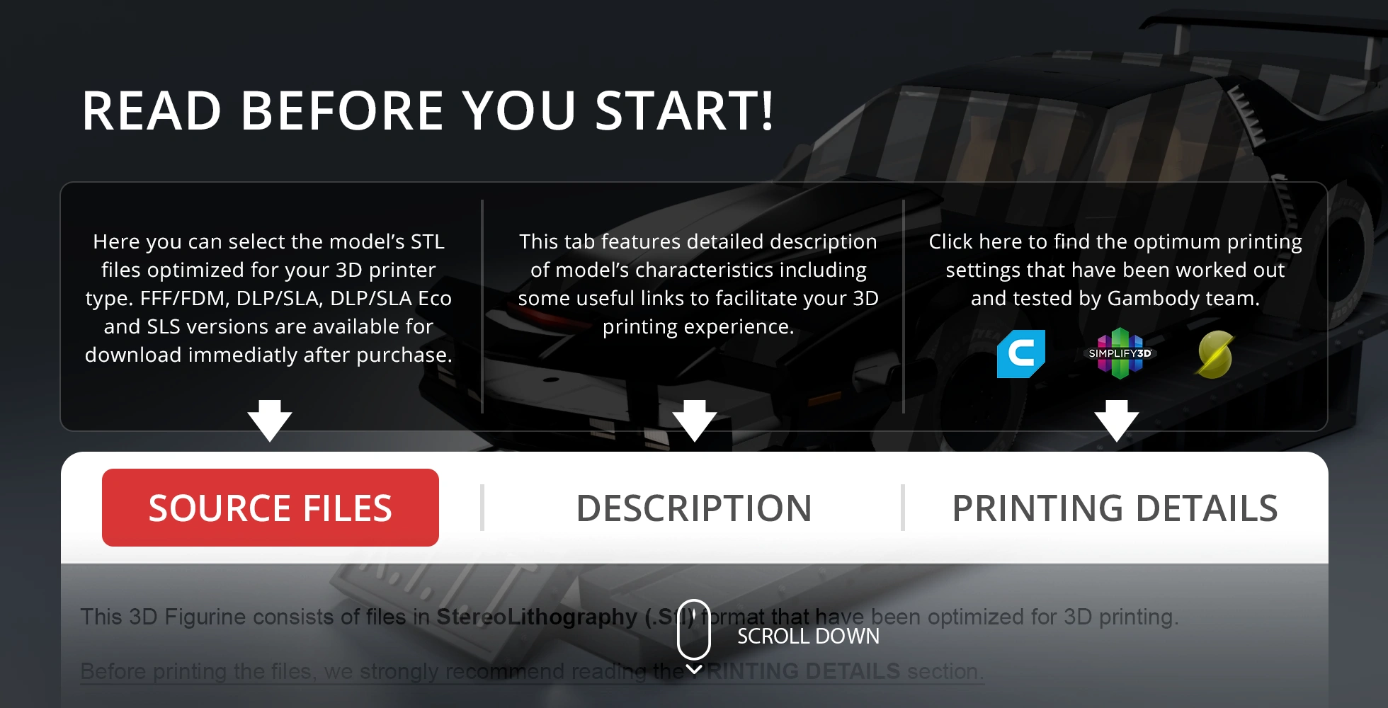 Image of a website section offering 3D printing files and settings for KITT model with various tabs.