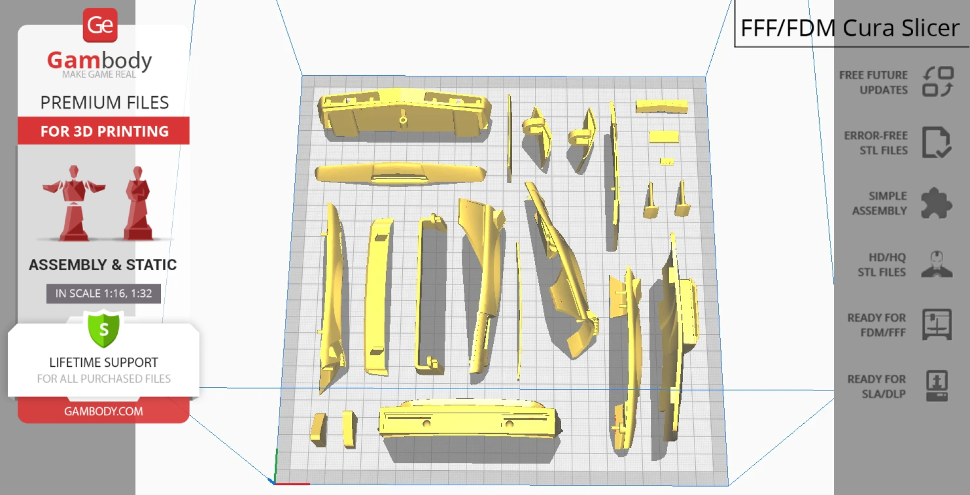 3D model components for a vehicle in Super Pursuit Mode, arranged for printing on a grid layout.