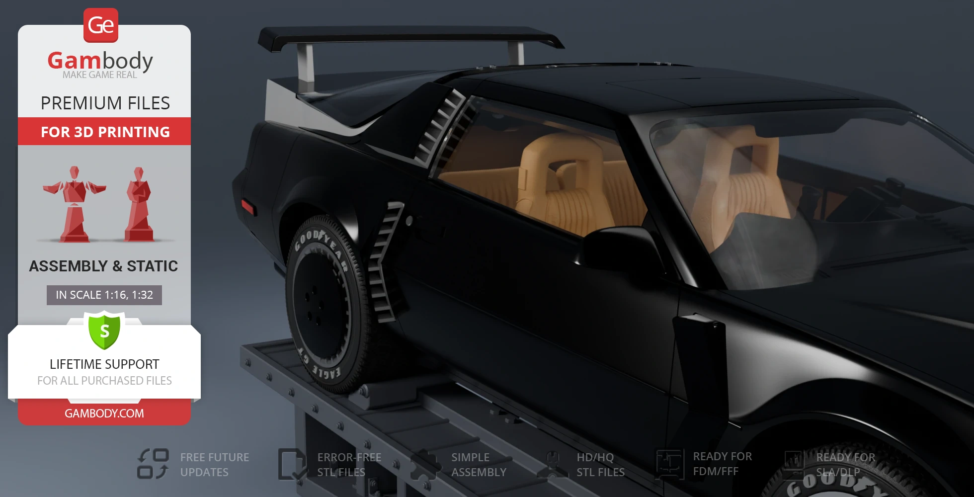 Sleek black car in a 3D rendering, with spoiler and detailed interior, on a platform for 3D printing promotion.
