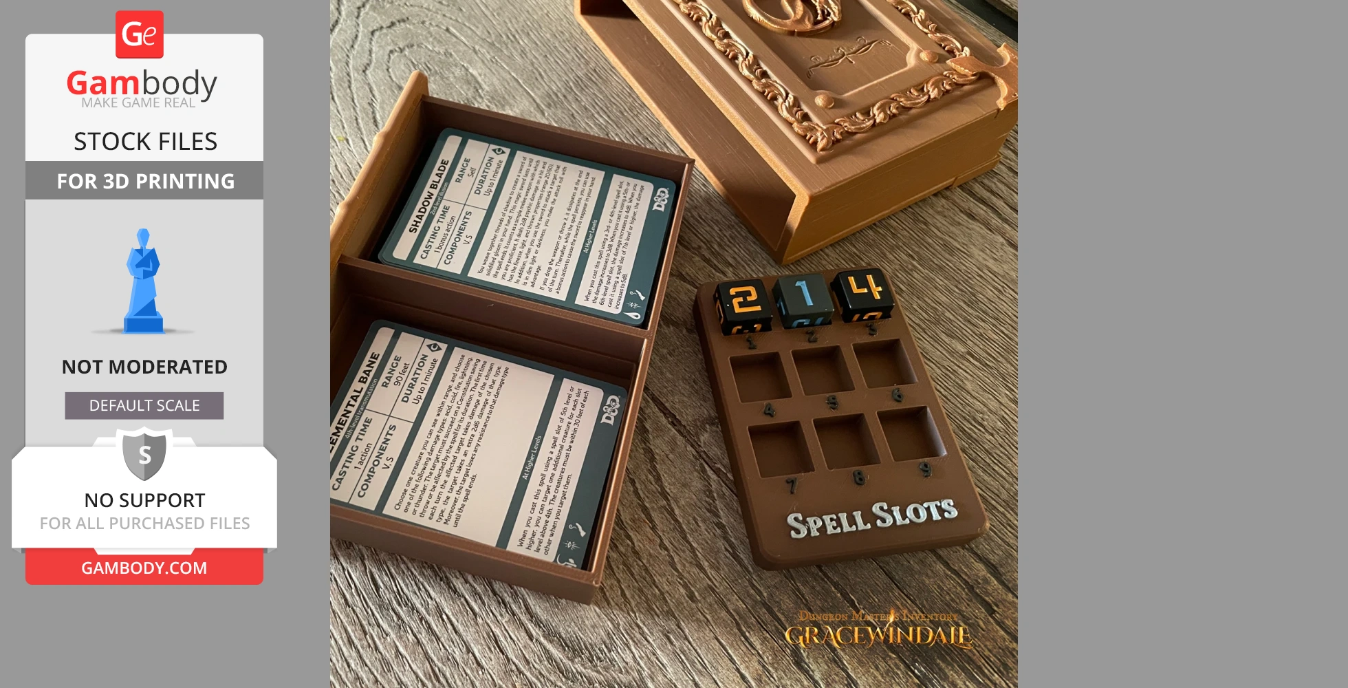 Brown 3D-printed spell book, card box, and spell slots tracker with dice on a wooden surface.
