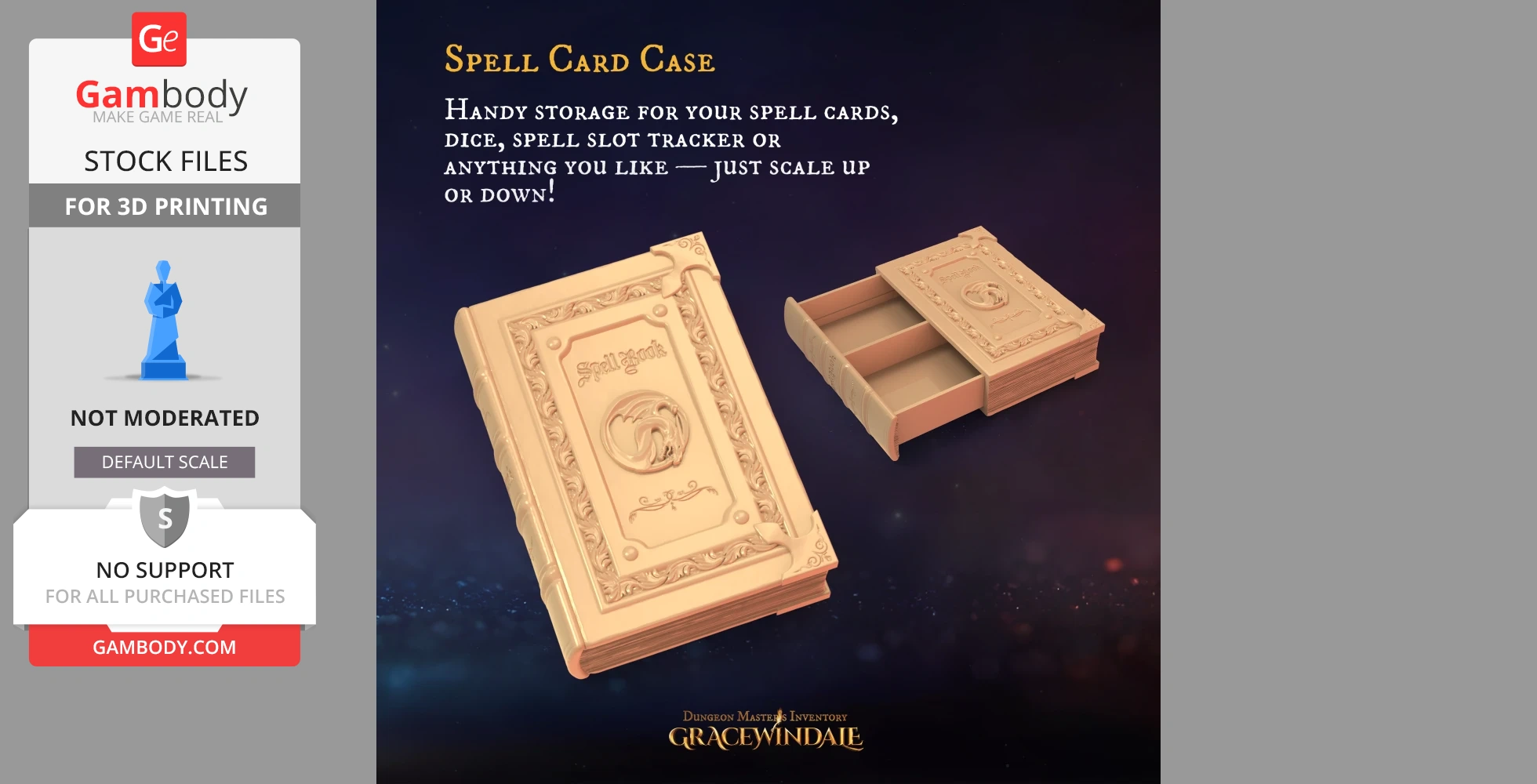 3D printable spell book with slide-out compartments for storing cards or dice, ornate cover design.