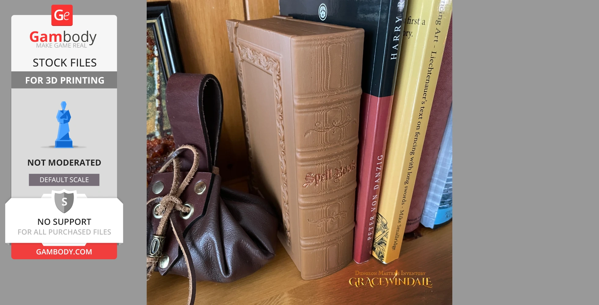 A 3D-printed spell book model on a bookshelf, beside various real books and a leather pouch.