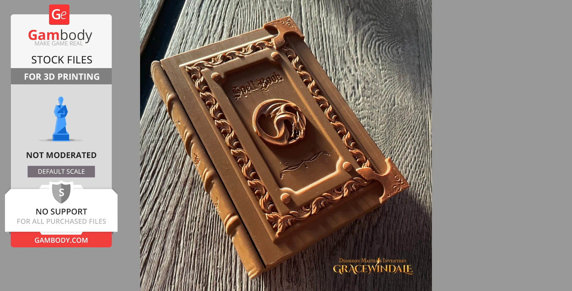 A detailed spell book model, ornate with decorative elements, suitable for 3D printing from Gambody.