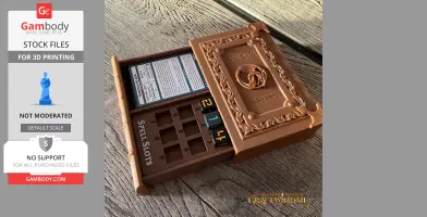 Ornate 3D-printed spell book case with slots for cards and dice, designed for tabletop gaming.