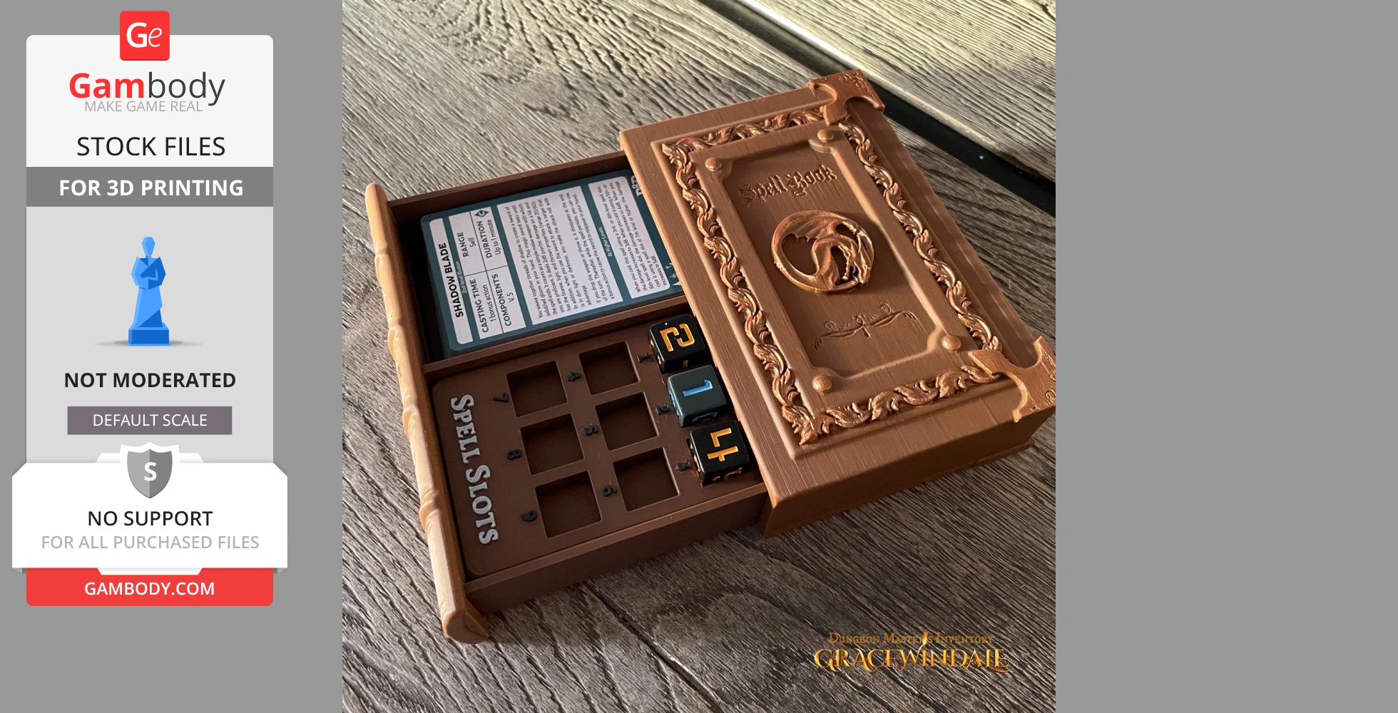 A 3D-printed, intricately designed spell book case featuring spell slots and a detailed cover.