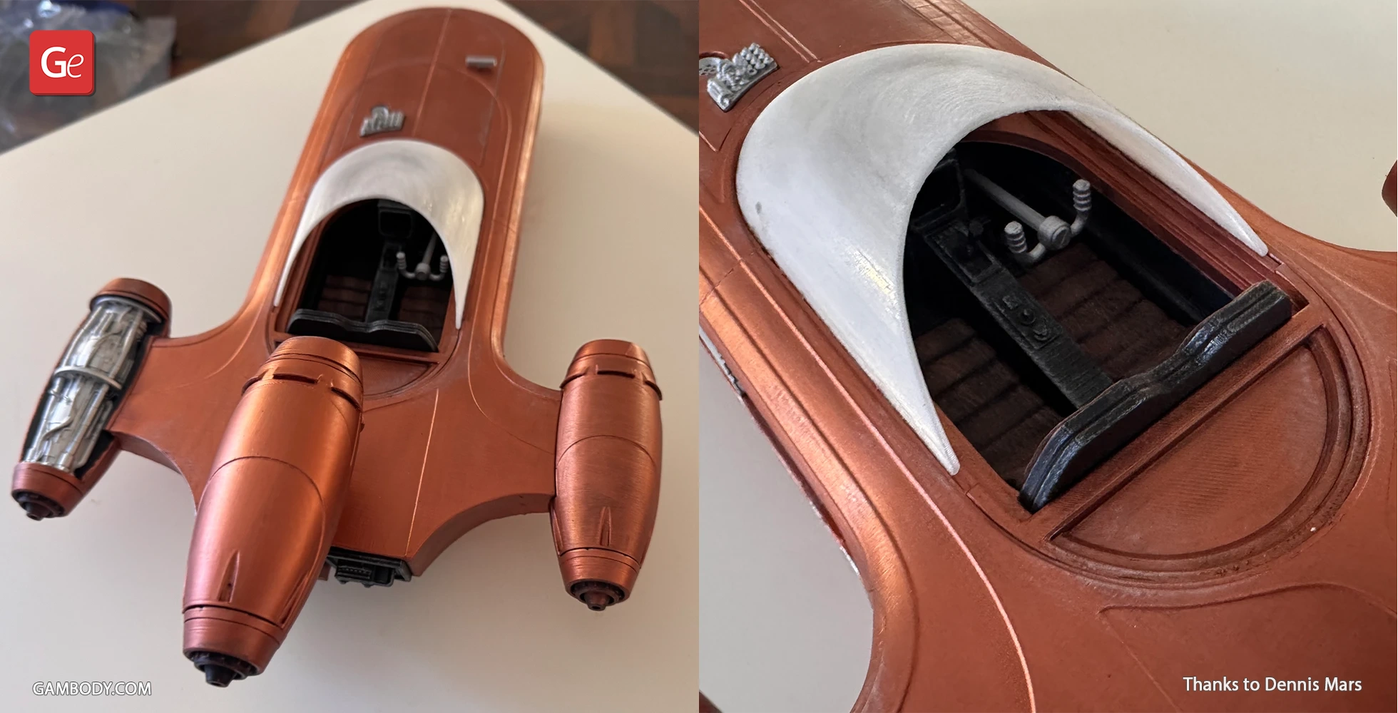 Copper-colored 3D-printed X-34 Landspeeder model with detailed cockpit and engines.