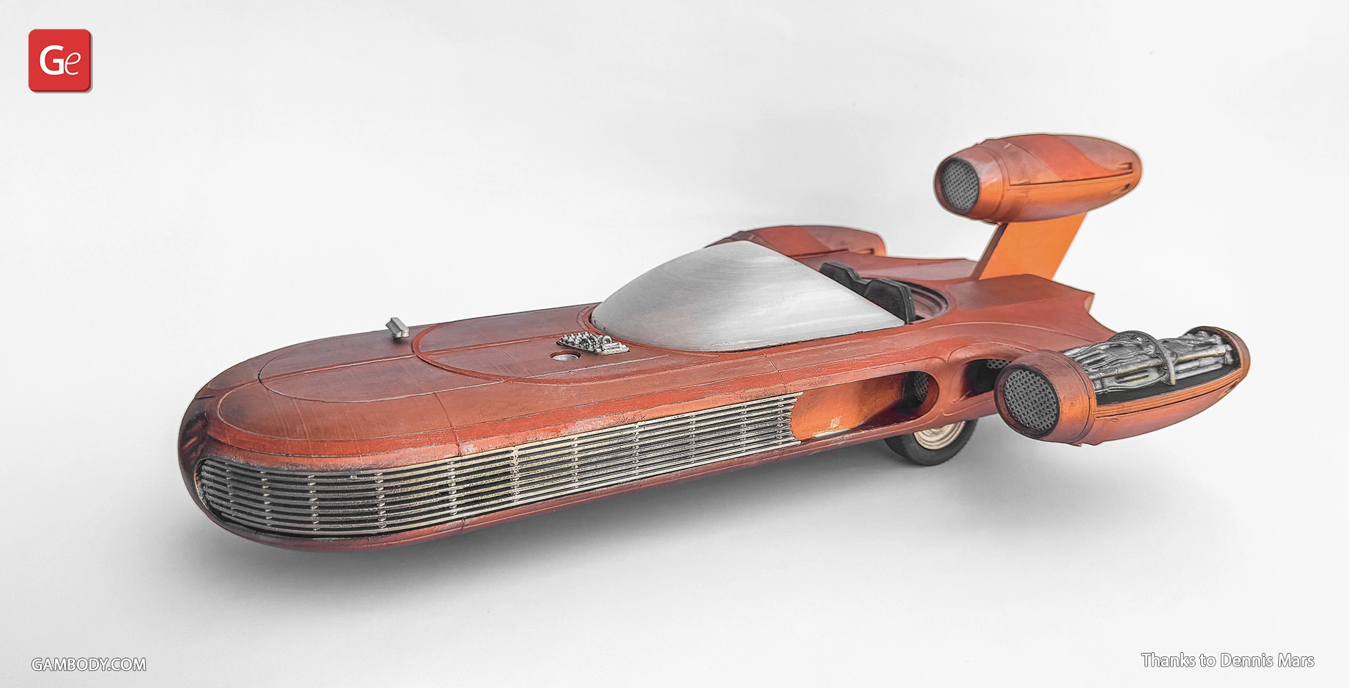 Rust-colored X-34 Landspeeder 3D model from Star Wars, featuring sleek design and twin engines.